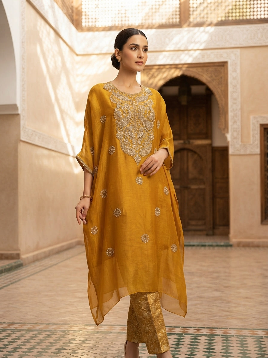 Mustard Yellow Embroidered Organza Kurta Set