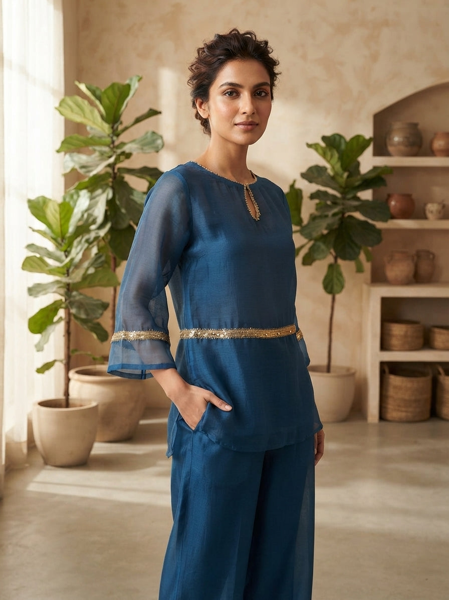 Deep Teal Embellished Sheer Co-Ord Set