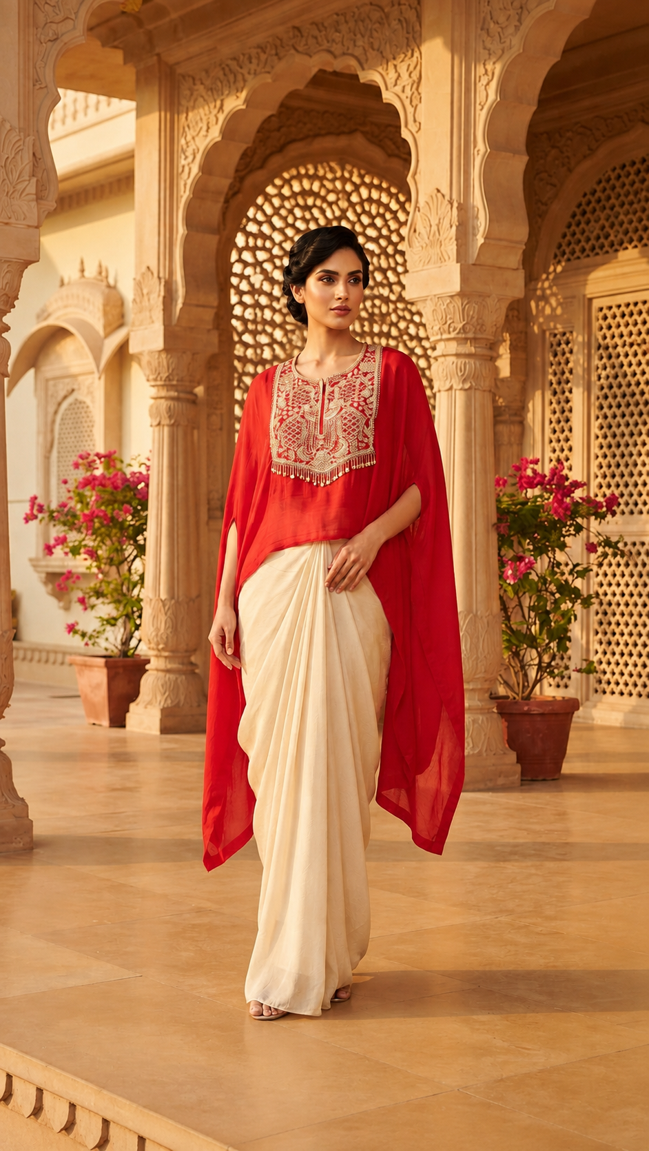 Crimson Red Embellished Cape Drape Set