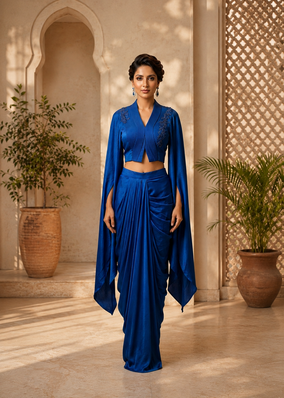 Royal Blue Embellished Cape Draped Skirt Set