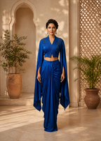 Royal Blue Embellished Cape Draped Skirt Set