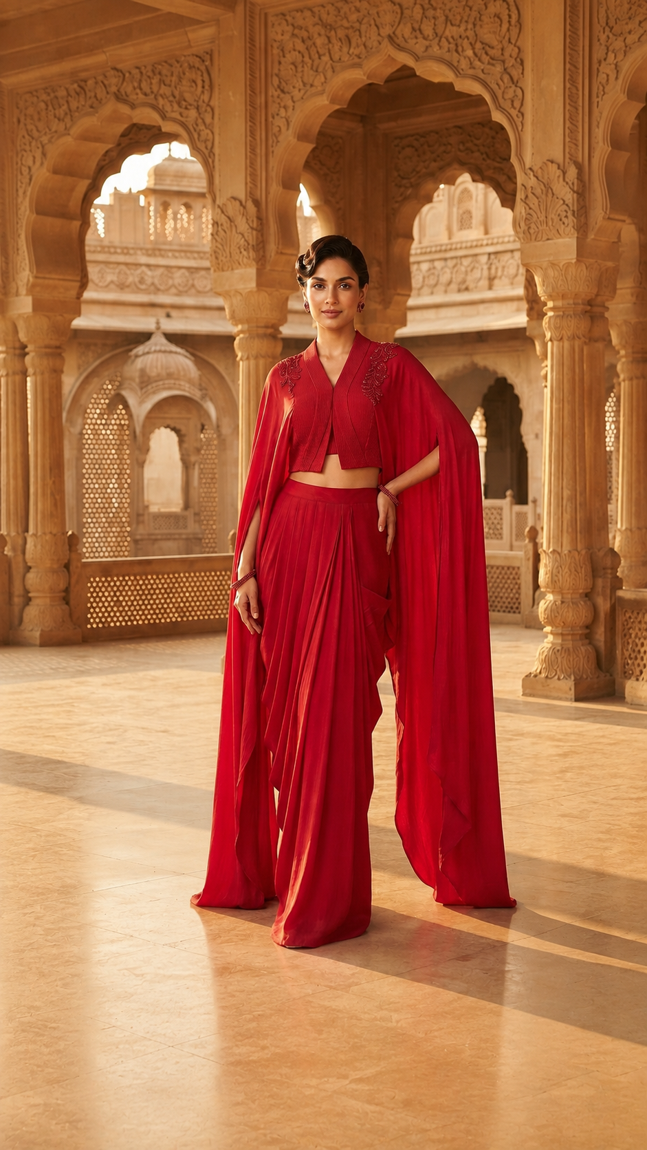 Fuchsia Pink Embellished Cape & Draped Skirt Set