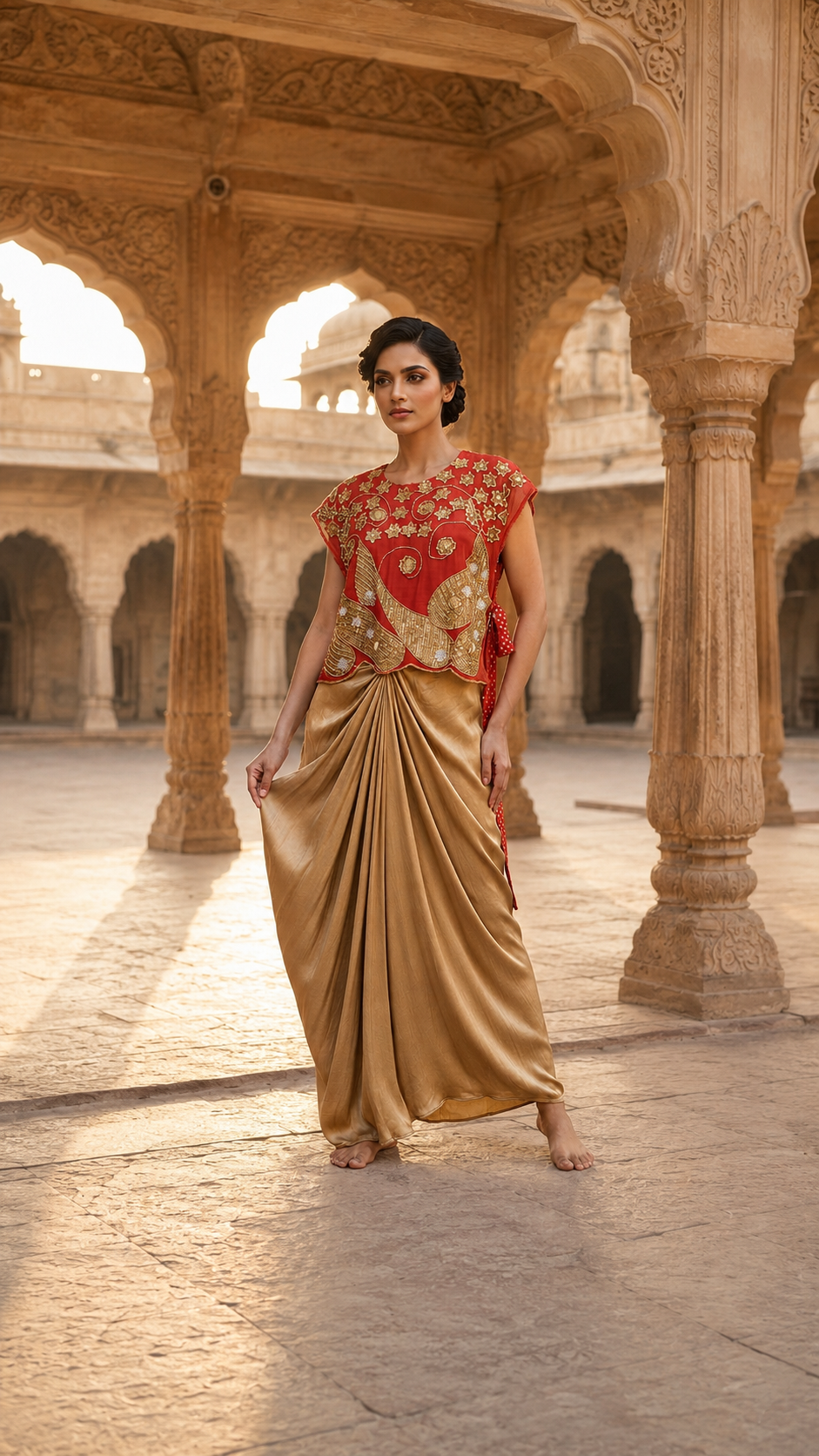 Coral Red Embroidered Cape Top & Champagne Draped Skirt Set