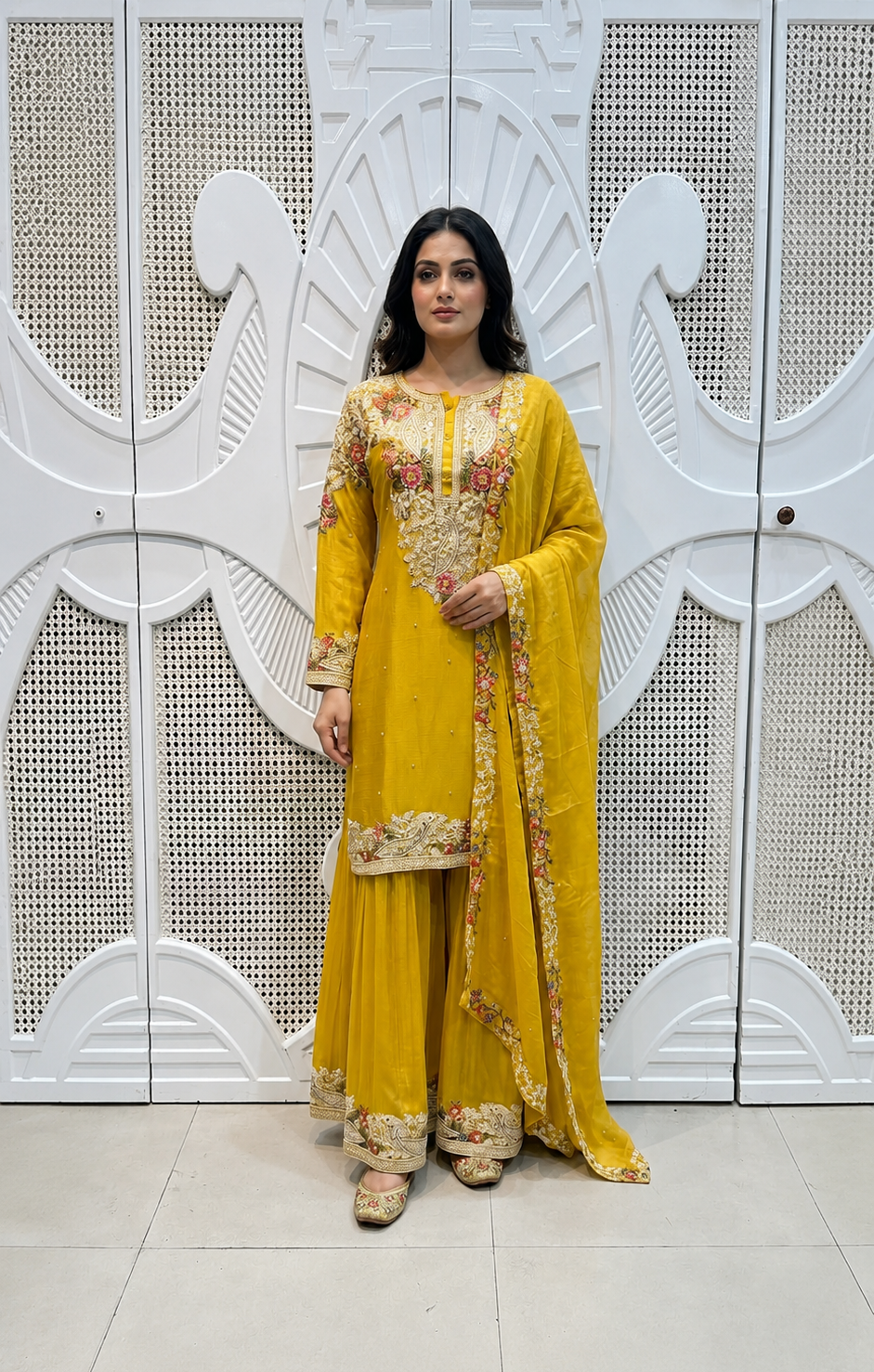 Mustard Yellow Floral Paisley Embroidered Silk Sharara Set