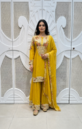 Mustard Yellow Floral Paisley Embroidered Silk Sharara Set