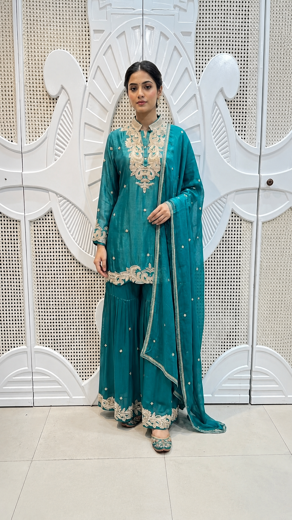 Deep Teal Scalloped Embroidered Silk Mandarin Collar Sharara Set