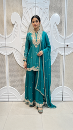 Deep Teal Scalloped Embroidered Silk Mandarin Collar Sharara Set