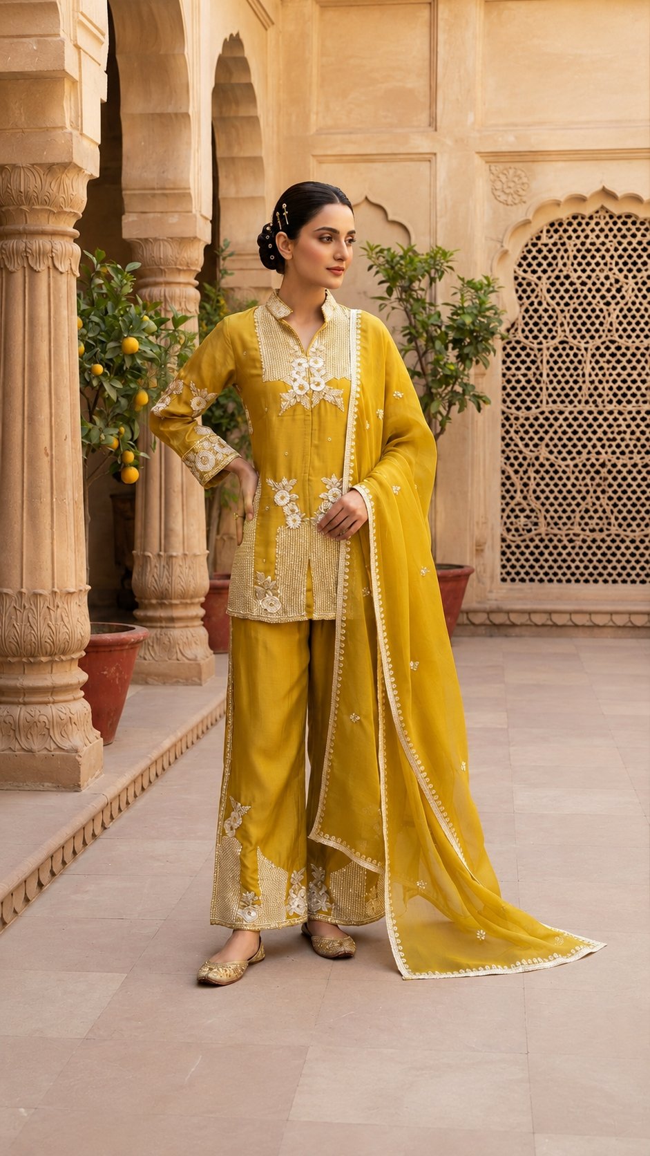 Mehendi Green Geometrical Embroidered Silk Kurta Plazo Set