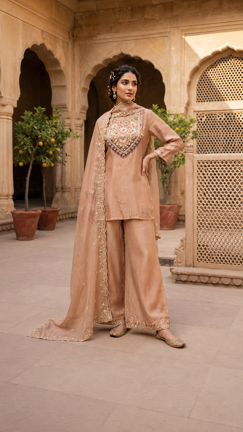 Pastel Peach Embroidered Silk Kurta Plazo Set