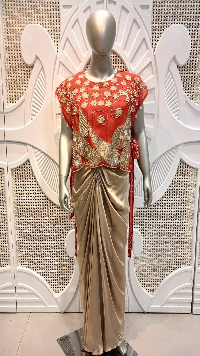 Coral Red Embroidered Cape Top & Champagne Draped Skirt Set
