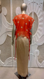 Coral Red Embroidered Cape Top & Champagne Draped Skirt Set