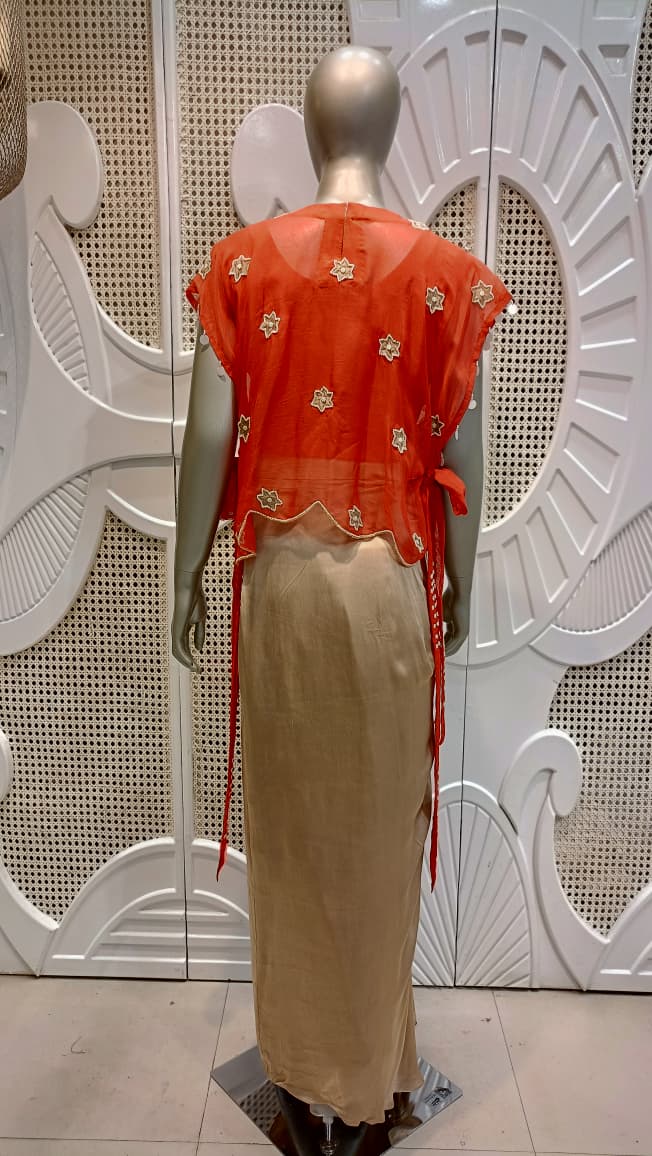 Coral Red Embroidered Cape Top & Champagne Draped Skirt Set
