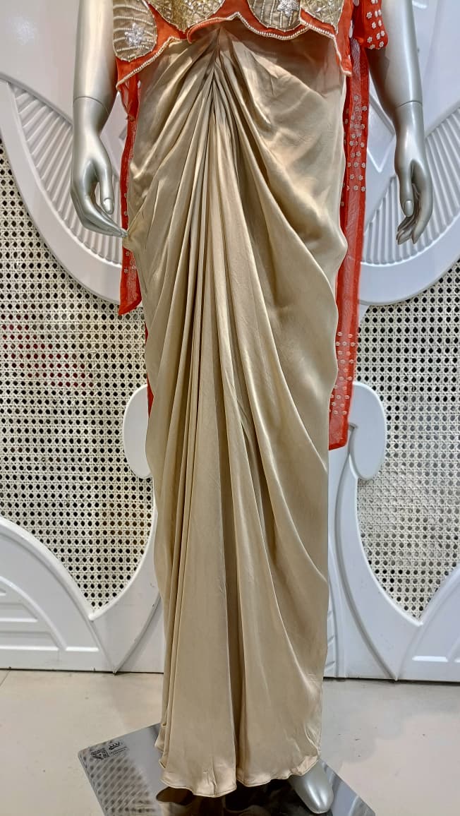 Coral Red Embroidered Cape Top & Champagne Draped Skirt Set
