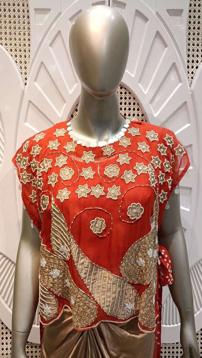 Coral Red Embroidered Cape Top & Champagne Draped Skirt Set