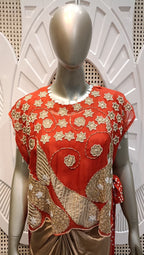 Coral Red Embroidered Cape Top & Champagne Draped Skirt Set