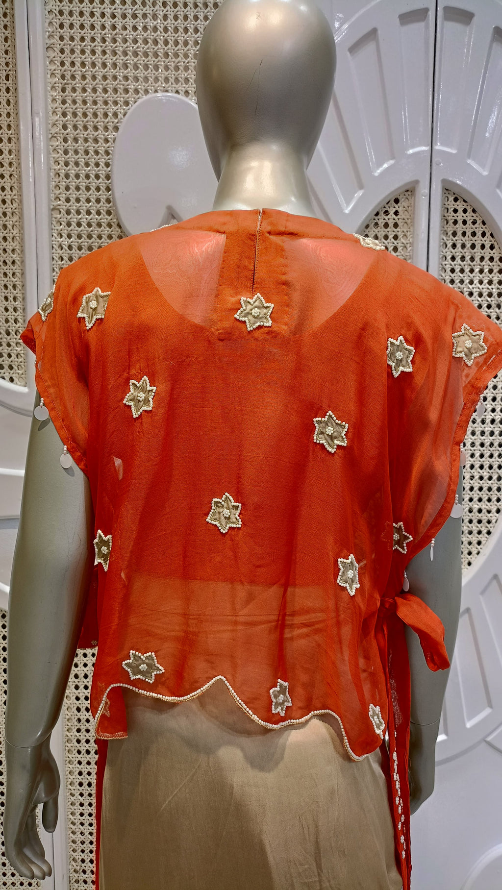 Coral Red Embroidered Cape Top & Champagne Draped Skirt Set