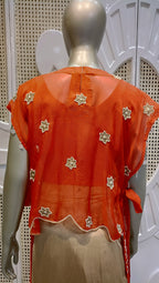 Coral Red Embroidered Cape Top & Champagne Draped Skirt Set