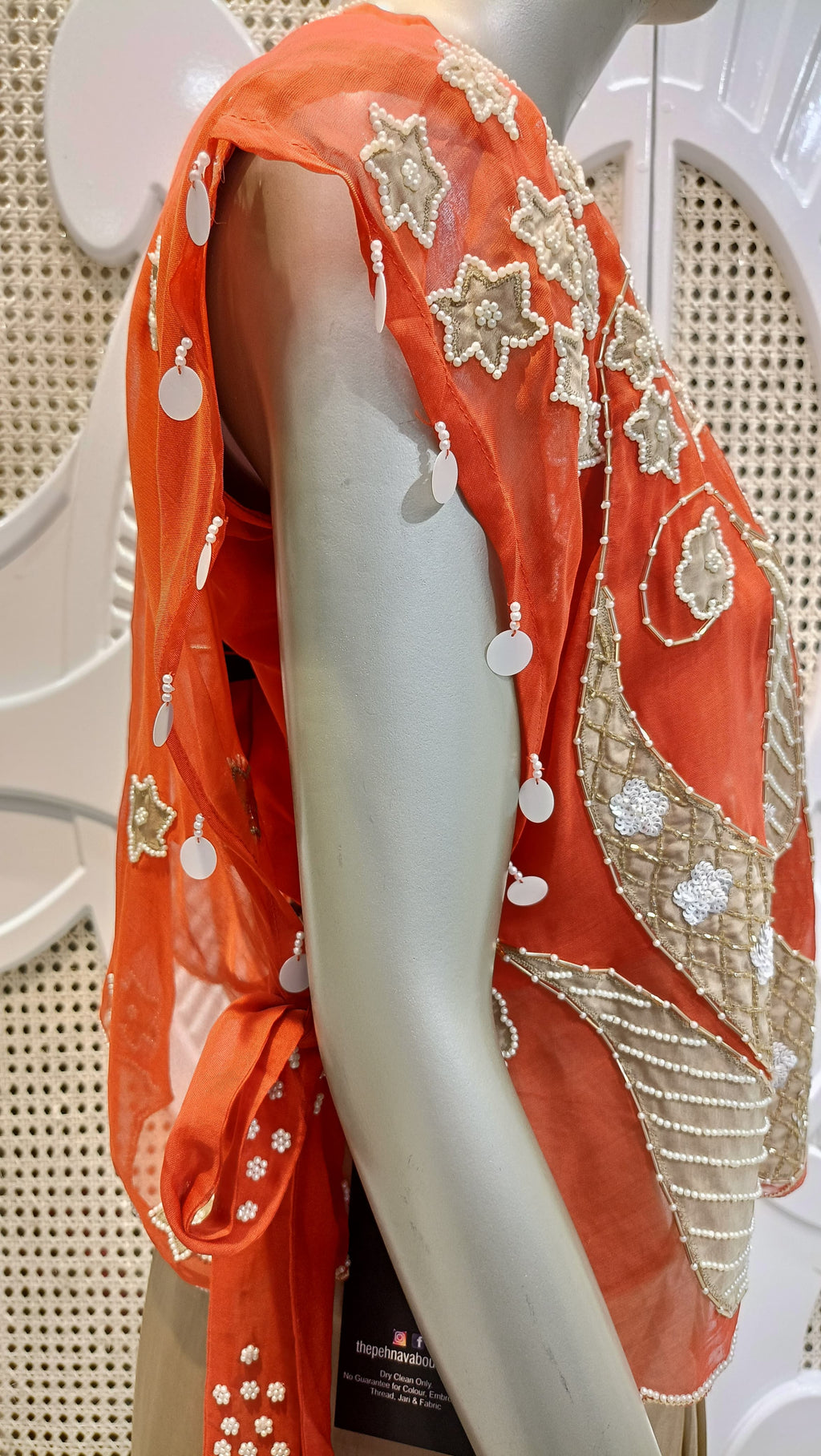 Coral Red Embroidered Cape Top & Champagne Draped Skirt Set