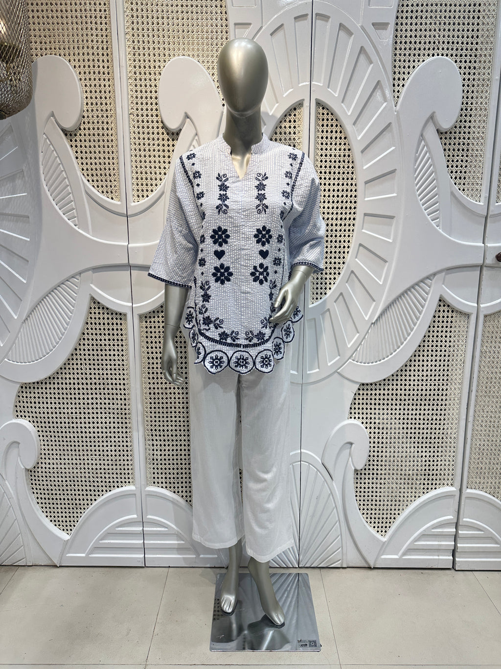 White & Navy Blue Floral Embroidered Cotton Co-Ord Set