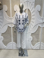 White & Navy Blue Floral Embroidered Cotton Co-Ord Set