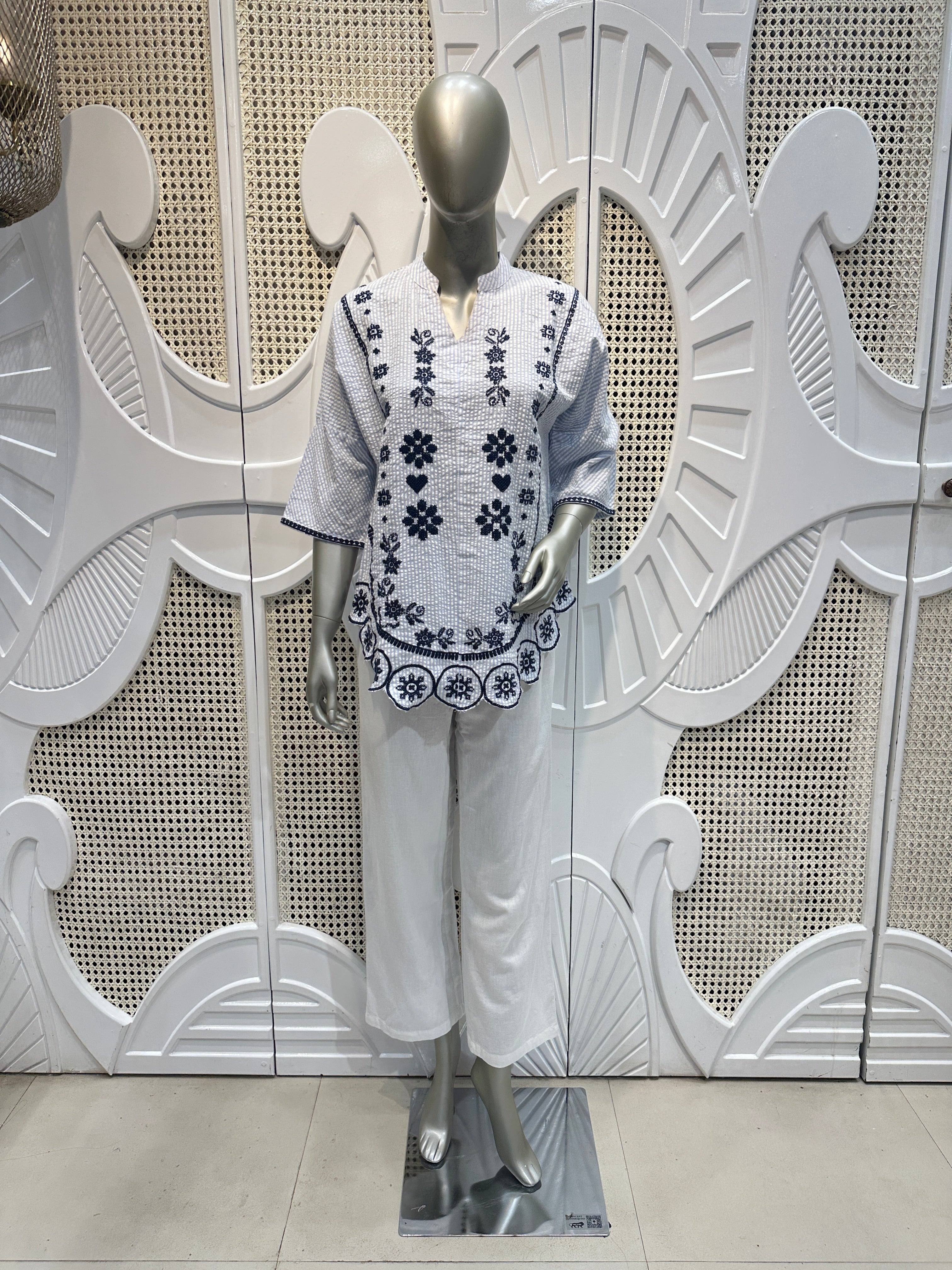 White & Navy Blue Floral Embroidered Cotton Co-Ord Set