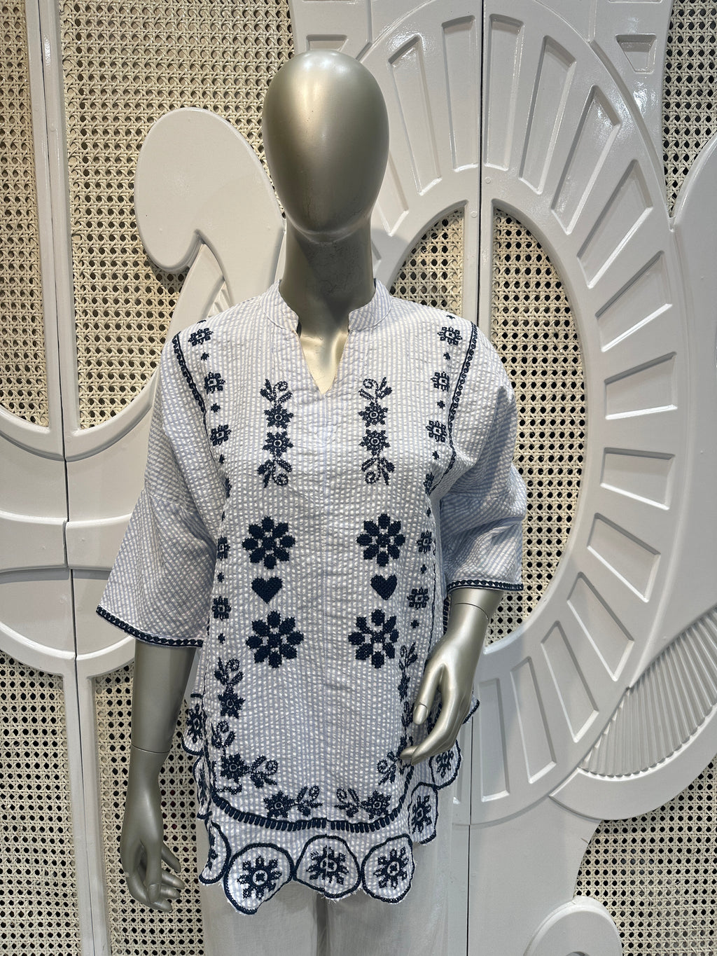 White & Navy Blue Floral Embroidered Cotton Co-Ord Set