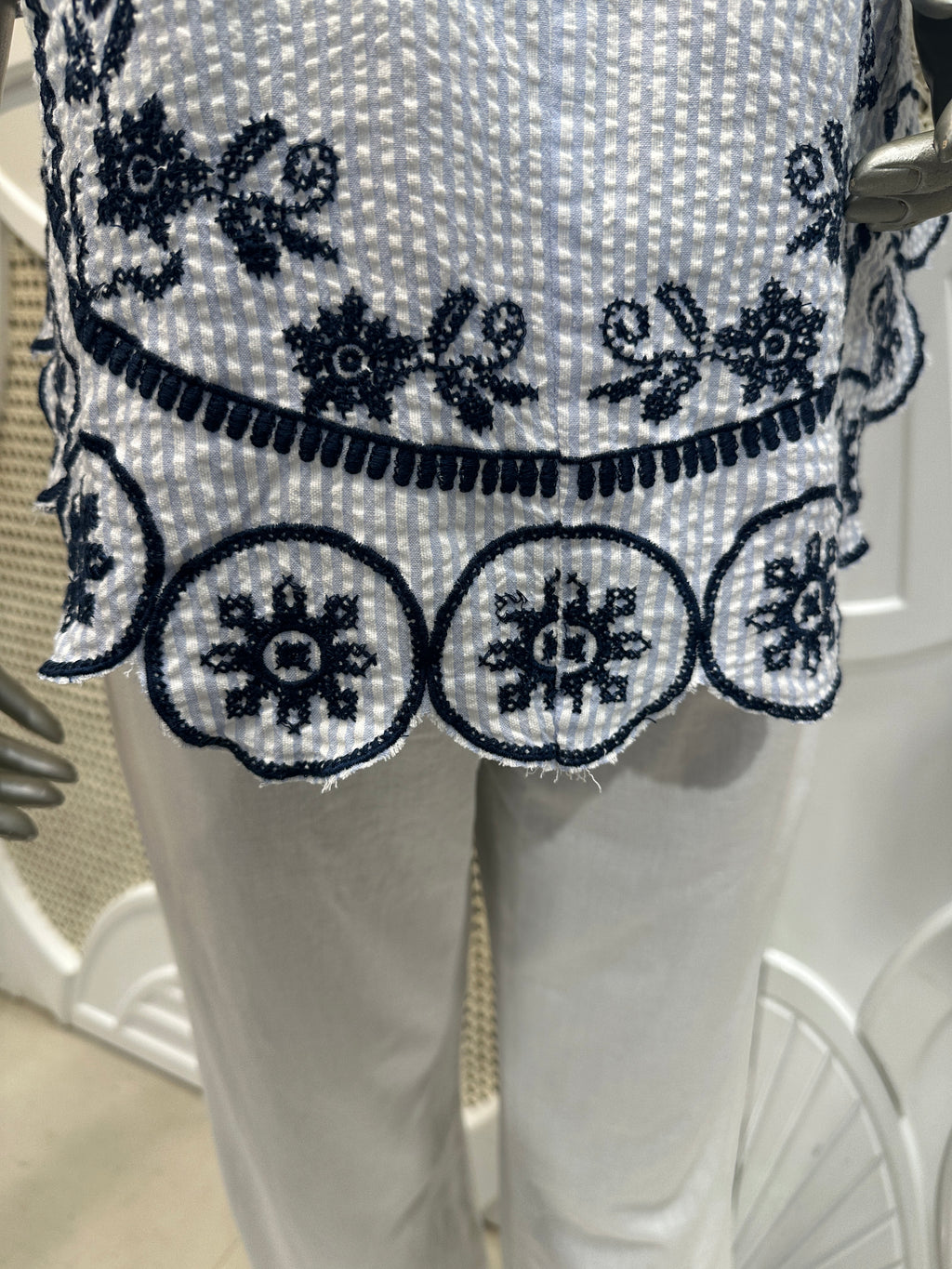 White & Navy Blue Floral Embroidered Cotton Co-Ord Set