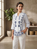 White & Navy Blue Floral Embroidered Cotton Co-Ord Set