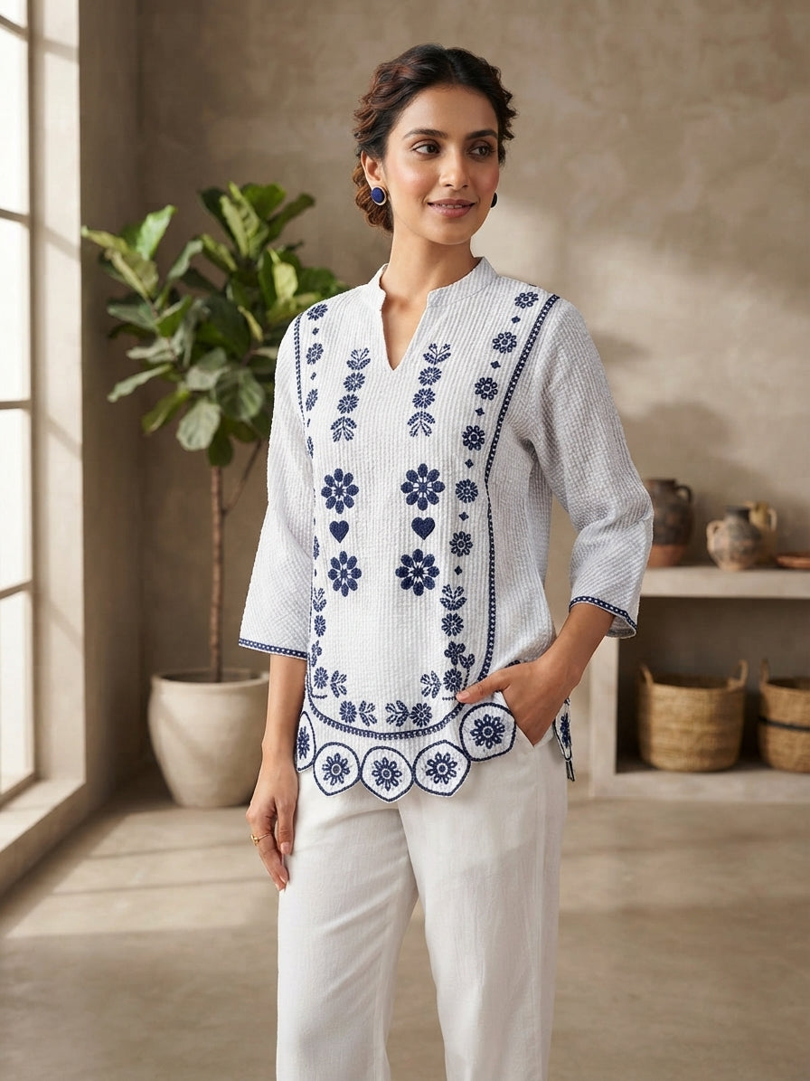 White & Navy Blue Floral Embroidered Cotton Co-Ord Set