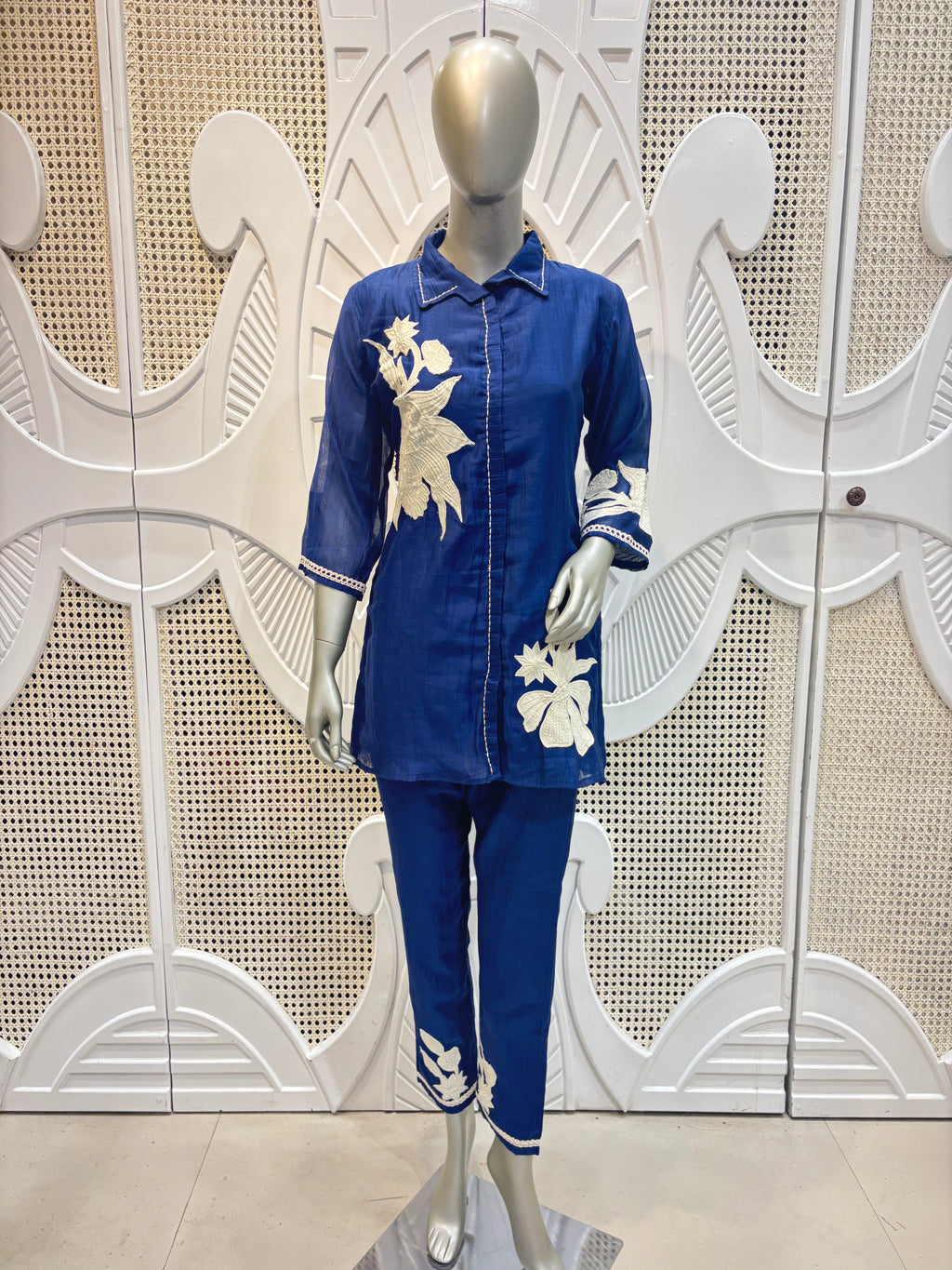 Navy Blue Floral Appliqué Cotton Co-Ord Set