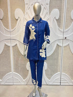 Navy Blue Floral Appliqué Cotton Co-Ord Set
