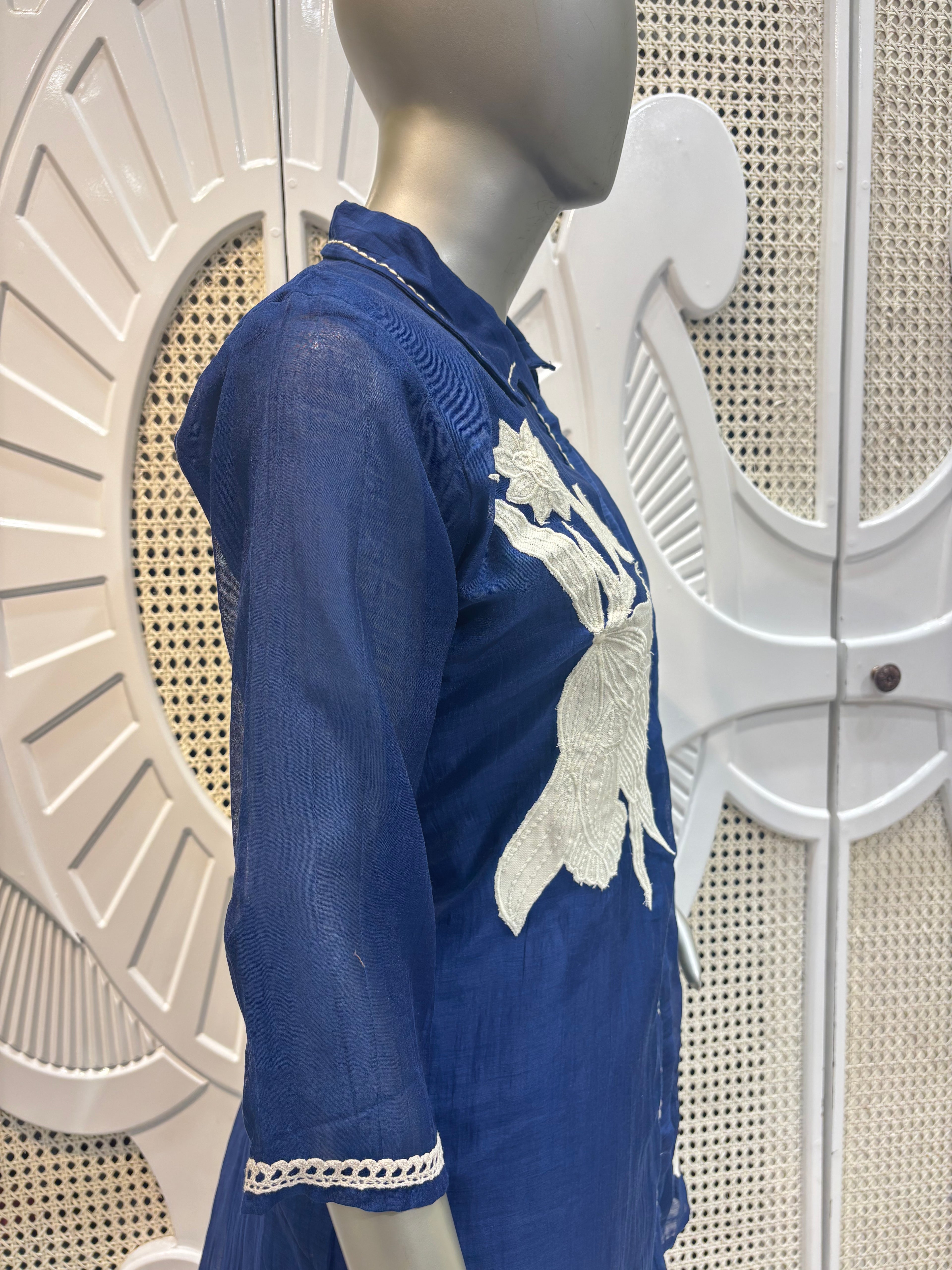 Navy Blue Floral Appliqué Cotton Co-Ord Set