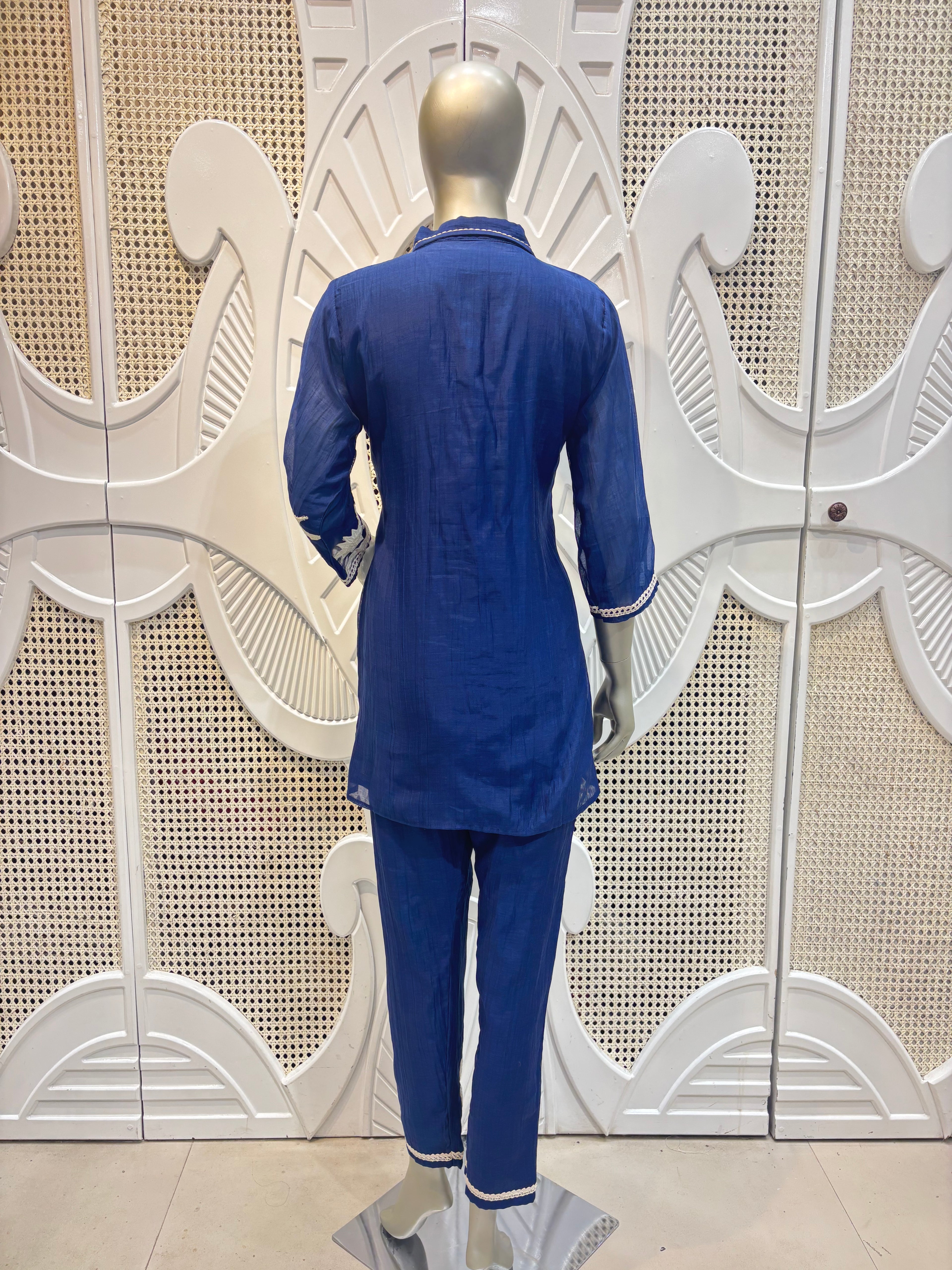 Navy Blue Floral Appliqué Cotton Co-Ord Set