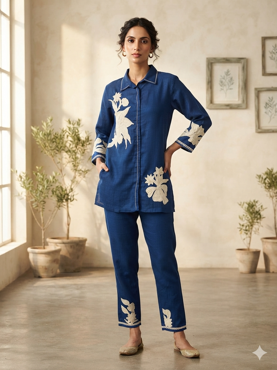 Navy Blue Floral Appliqué Cotton Co-Ord Set