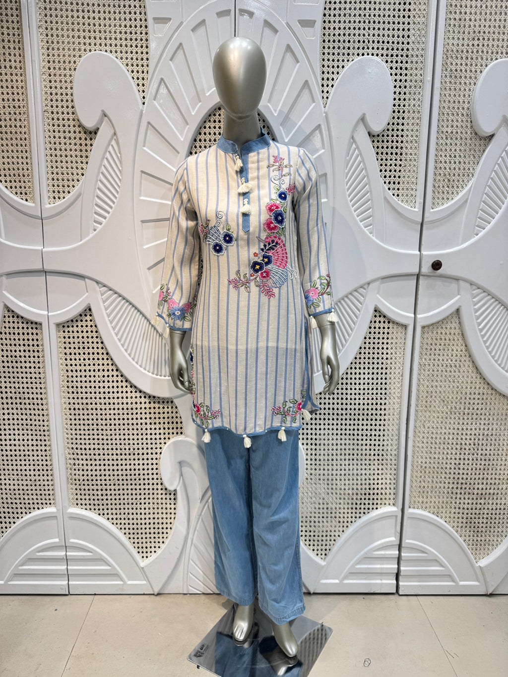 Ivory & Powder Blue Floral Embroidered Striped Kurta Set