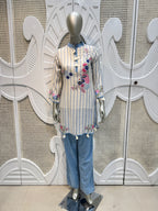 Ivory & Powder Blue Floral Embroidered Striped Kurta Set