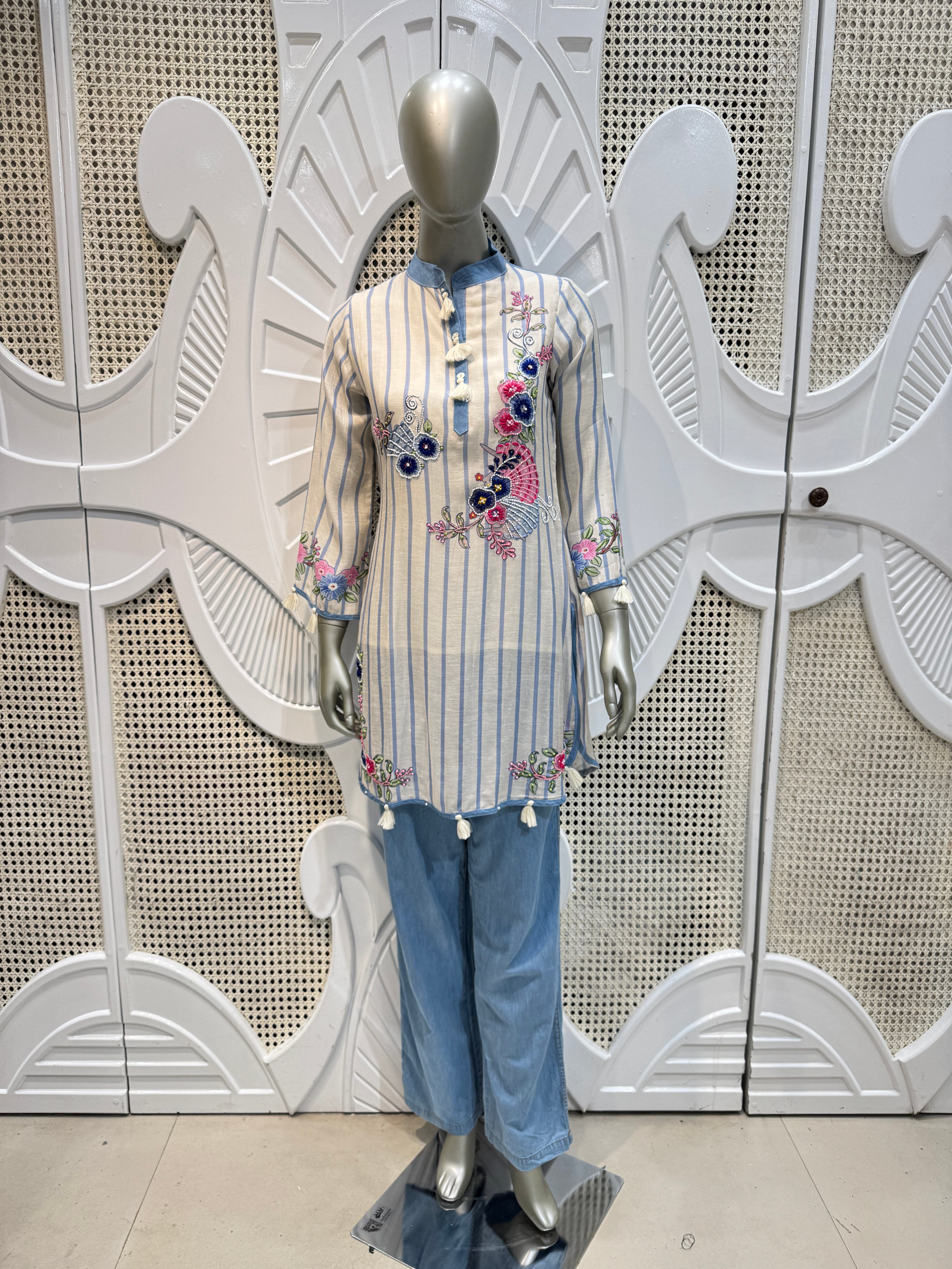 Ivory & Powder Blue Floral Embroidered Striped Kurta Set
