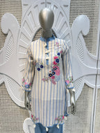 Ivory & Powder Blue Floral Embroidered Striped Kurta Set