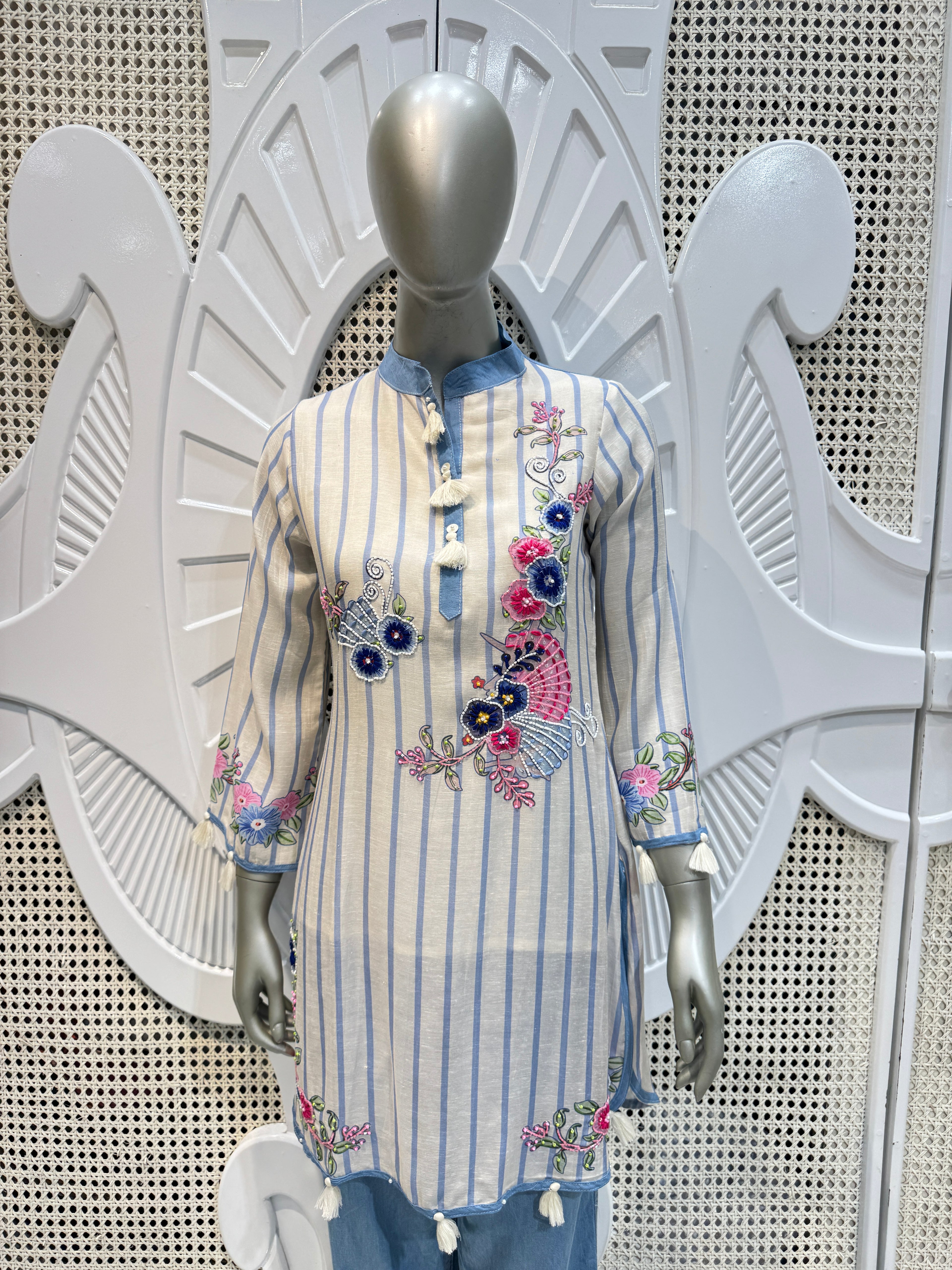 Ivory & Powder Blue Floral Embroidered Striped Kurta Set