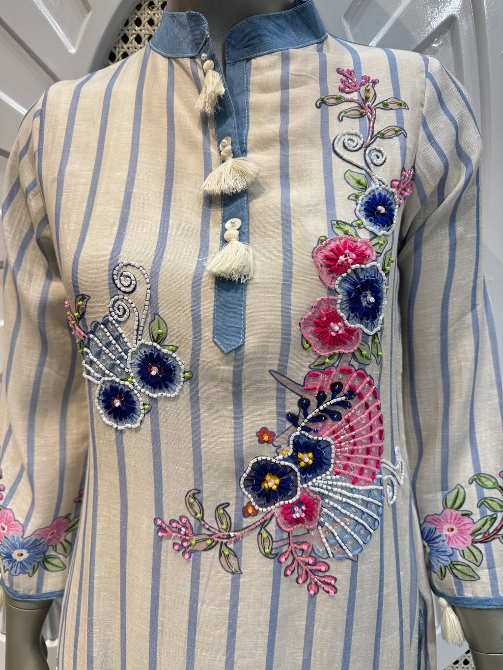 Ivory & Powder Blue Floral Embroidered Striped Kurta Set