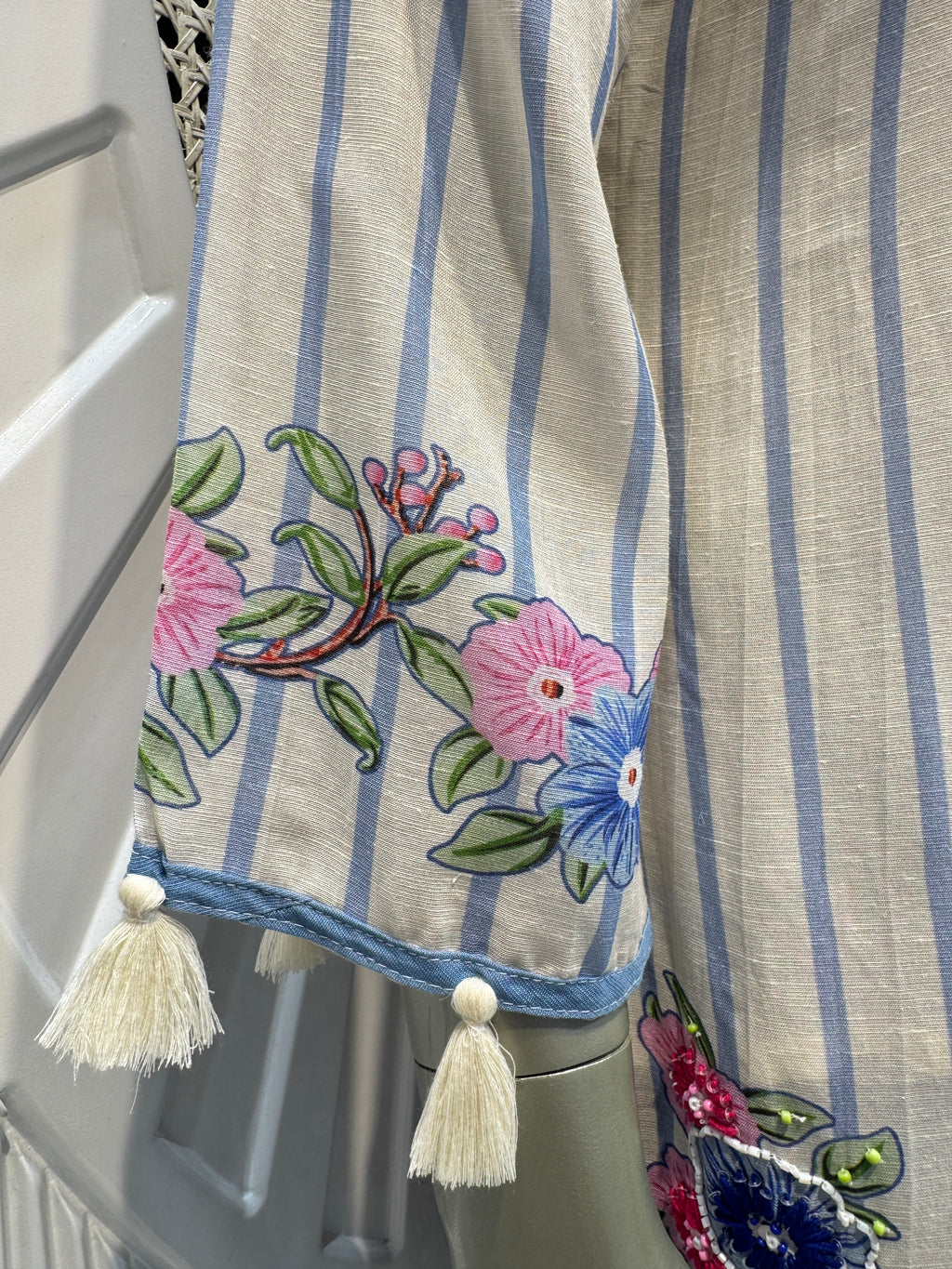 Ivory & Powder Blue Floral Embroidered Striped Kurta Set