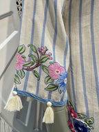 Ivory & Powder Blue Floral Embroidered Striped Kurta Set