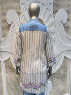 Ivory & Powder Blue Floral Embroidered Striped Kurta Set