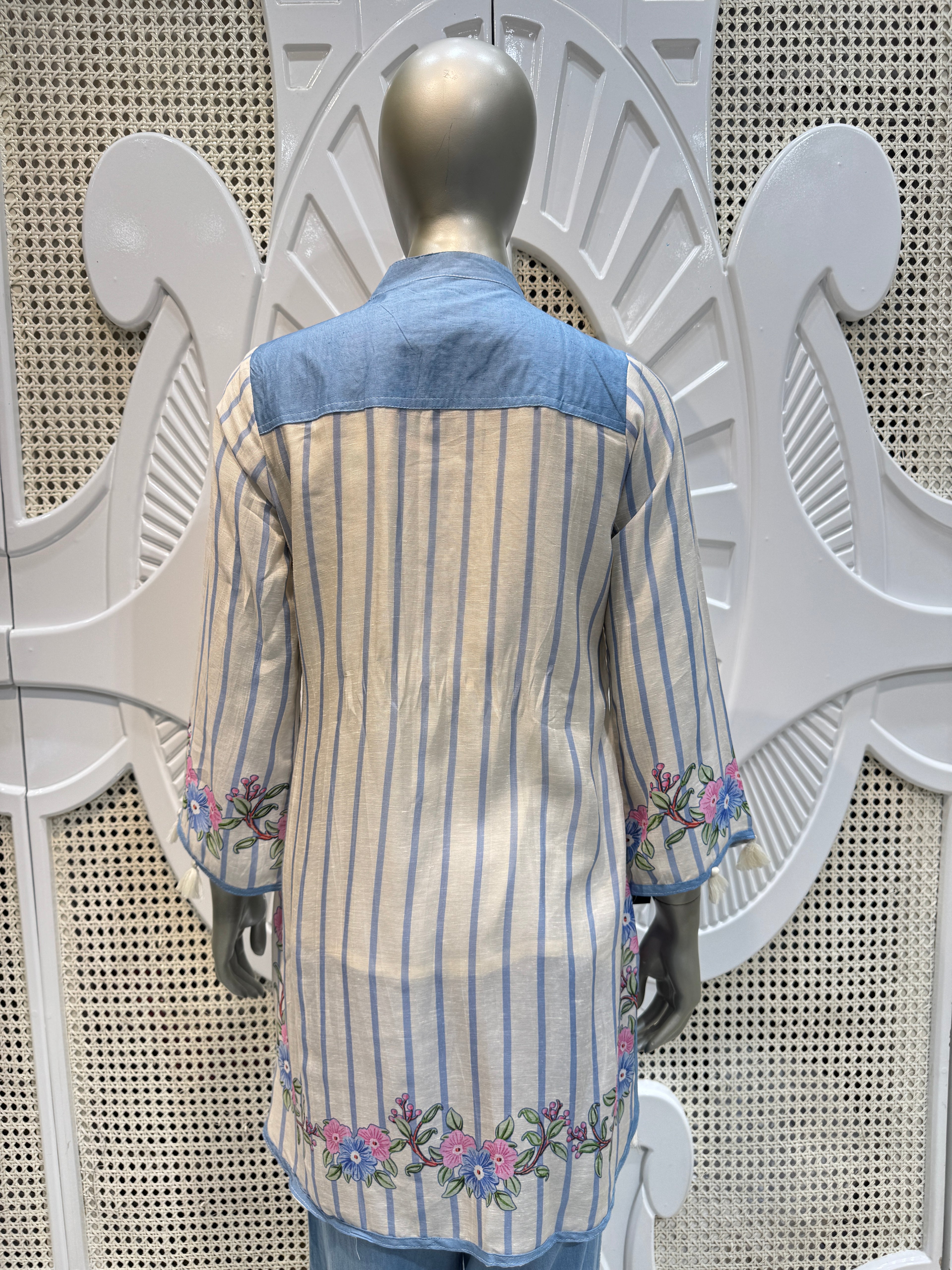 Ivory & Powder Blue Floral Embroidered Striped Kurta Set