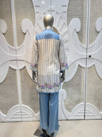 Ivory & Powder Blue Floral Embroidered Striped Kurta Set