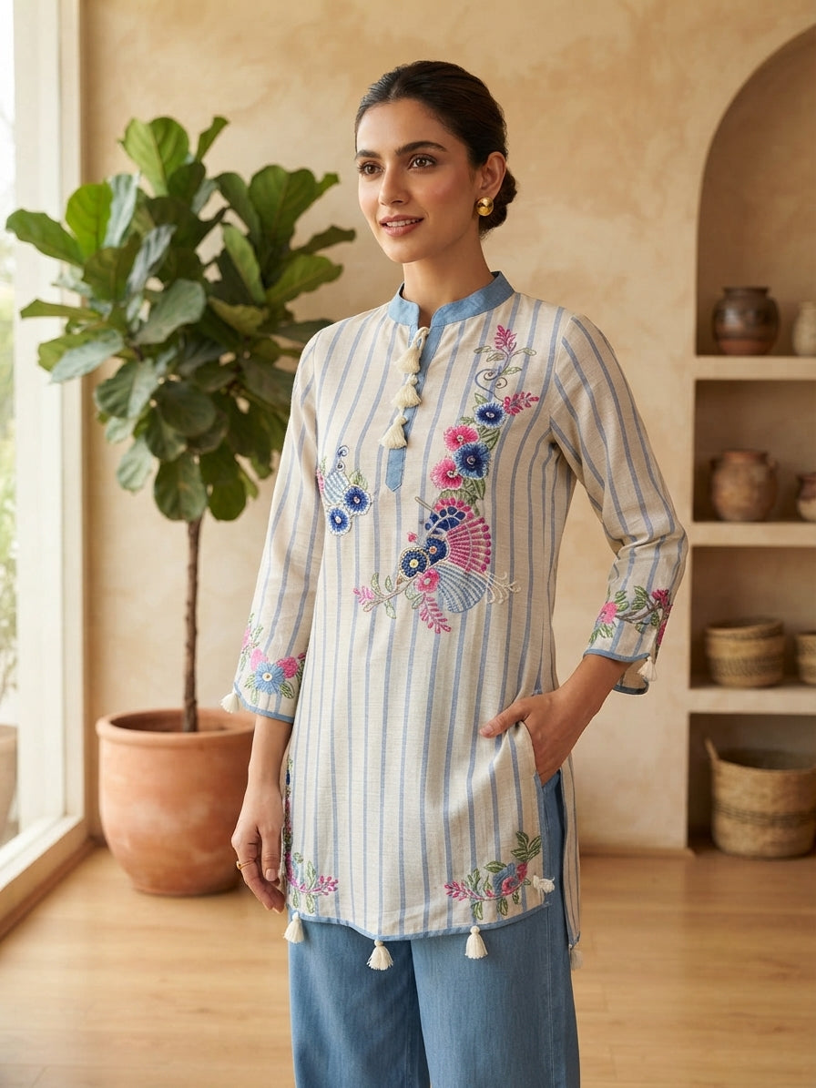 Ivory & Powder Blue Floral Embroidered Striped Kurta Set