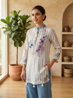Ivory & Powder Blue Floral Embroidered Striped Kurta Set