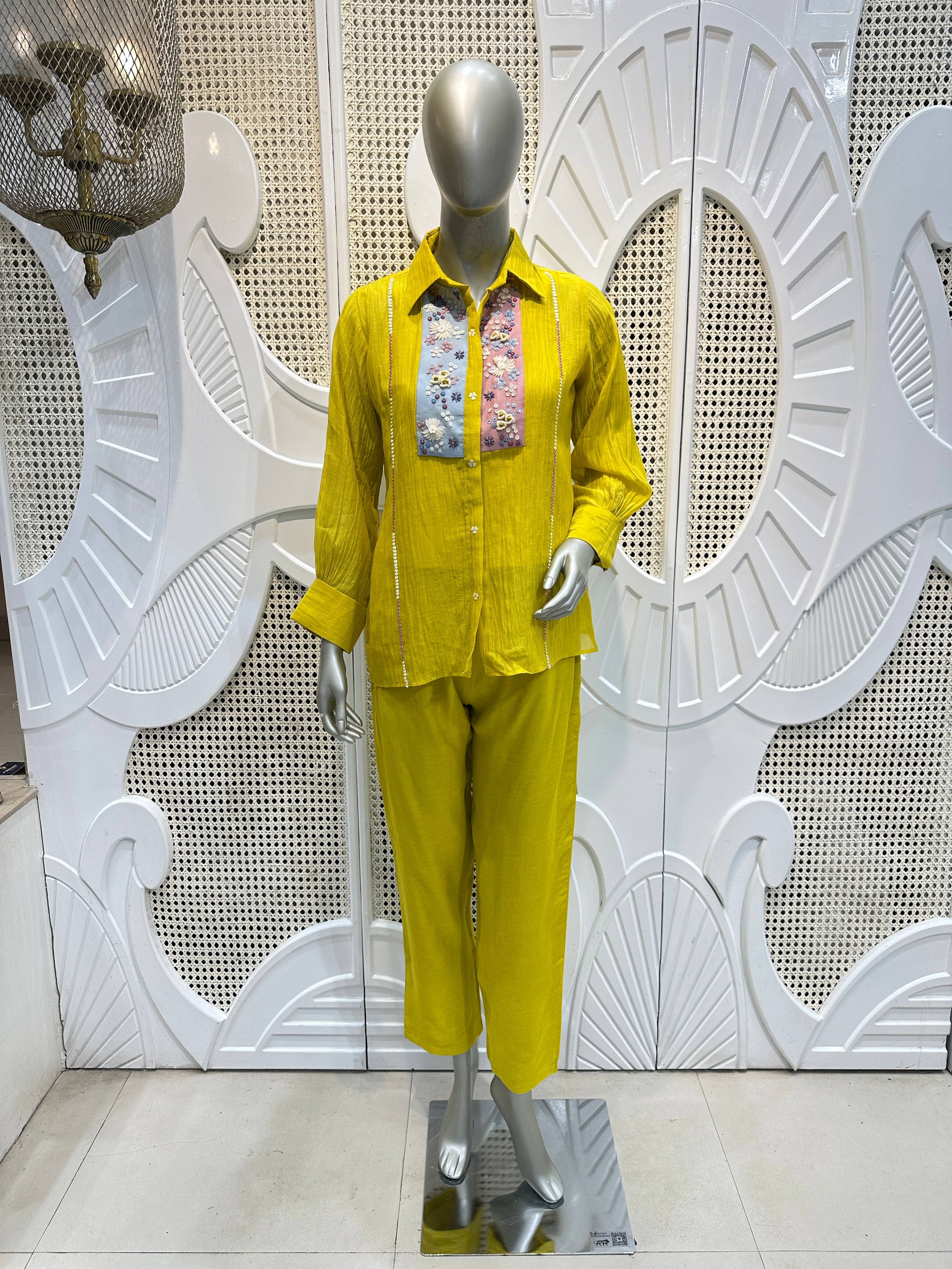 Lime Yellow Embellished Shirt Co-Ord Set