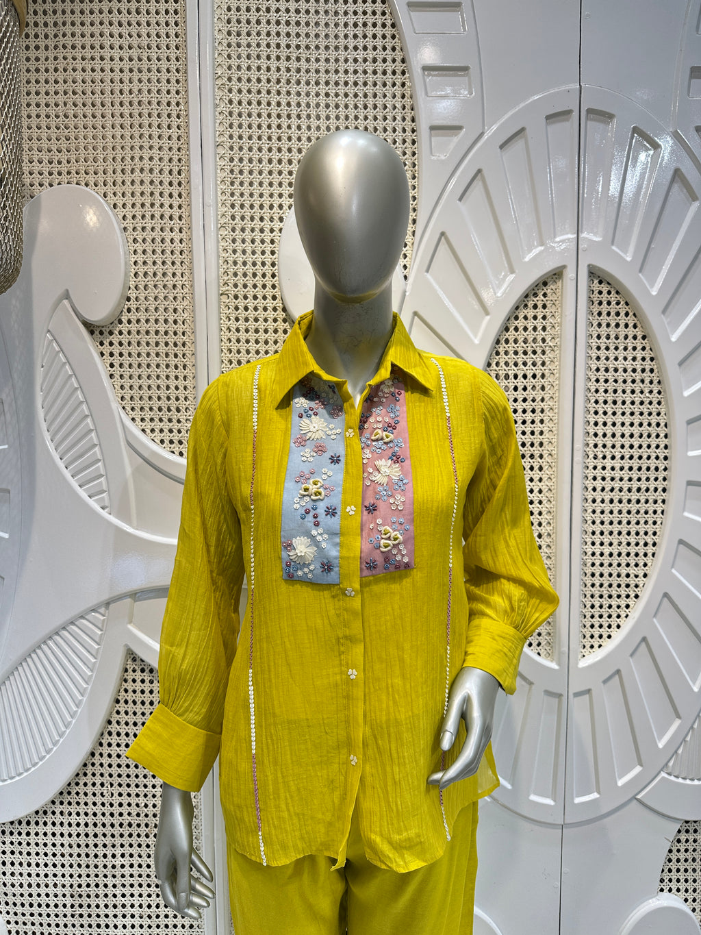 Lime Yellow Embellished Shirt Co-Ord Set