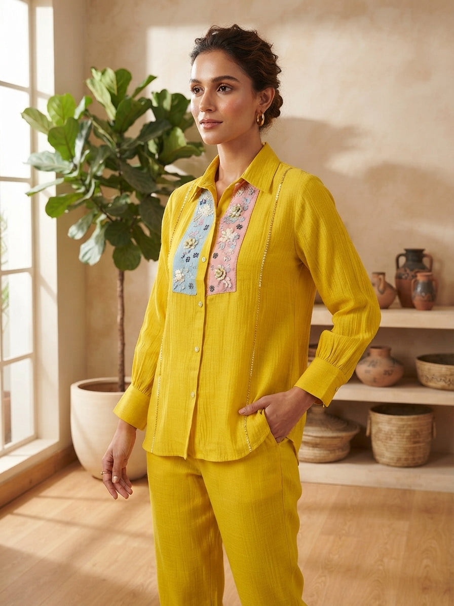 Lime Yellow Embellished Shirt Co-Ord Set